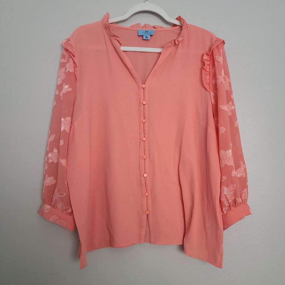 Cece 🍑 Coral Peach Button Front Blouse w/ Floral Textured Sleeves & Ruffles XL